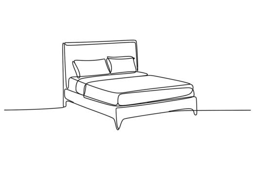 Minimalist line art illustration of a modern bed with two pillows and a comforter set against a white background vector