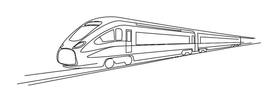 Sleek modern high speed train depicted in a dynamic black and white line drawing on railway tracks vector