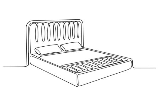 A hand drawn sketch of a modern platform bed frame with a tall tufted headboard and two pillows vector