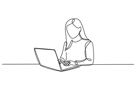 Simple line drawing of a woman working on a laptop computer at a desk vector