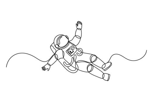 Minimalist line art depicting an astronaut floating gracefully in outer space with a tether vector