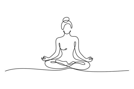 Minimalist single line drawing of a serene figure meditating in a lotus pose on a simple ground line vector