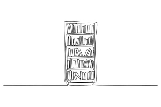 A tall slender hand drawn sketch of a bookshelf filled with books standing on a simple line representing the floor vector