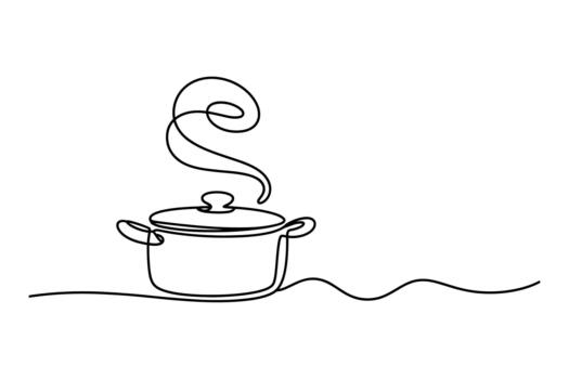 Minimalist line art depicting a steaming pot on a stove with wavy lines representing heat vector