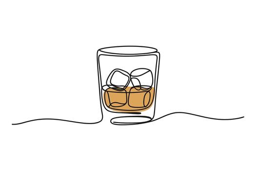 Minimalist single line drawing of a refreshing glass of whiskey on the rocks with ice cubes vector