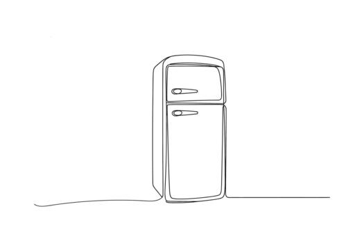 A minimalist line drawing of a retro style refrigerator casting a long shadow on a white background vector