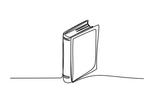 A minimalist single line drawing of a closed book standing upright on a simple horizontal line vector