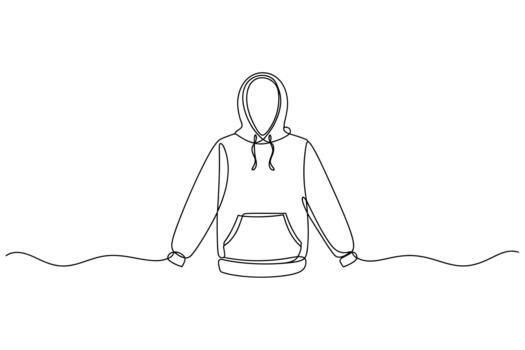 Minimalist sketch of a classic hoodie with a front pocket and drawstrings on a white background vector