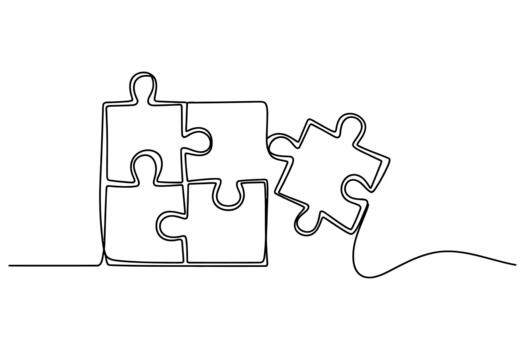 Conceptual outline of interlocking puzzle pieces forming a solution with one piece detached vector
