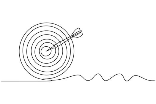 continuo línea dibujo de un dardo golpear el diana en un circular objetivo simbolizando éxito y precisión vector