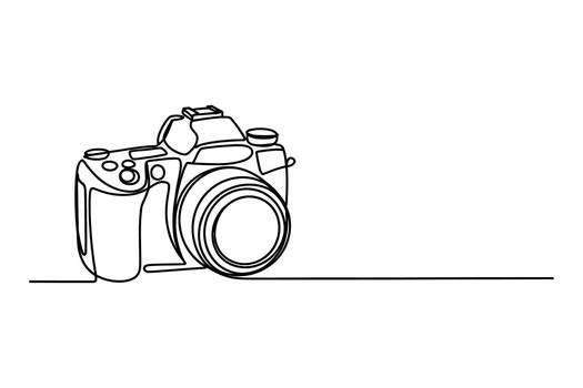 Minimalist single line drawing of a modern digital slr camera on a white background vector