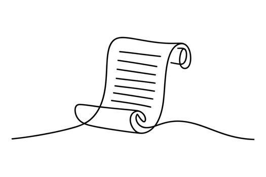 A minimalist single line drawing of an ancient rolled up scroll with text symbolizing history knowledge and tradition vector