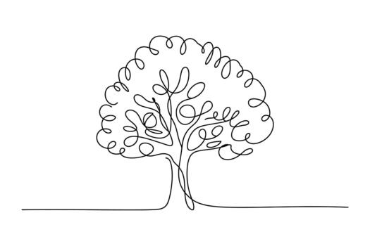 Abstract single line drawing of a lush tree with curly branches and a textured canopy against a white background vector