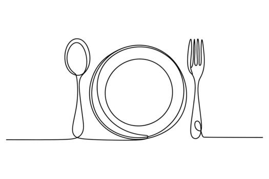 minimalista soltero línea dibujo de un plato con tenedor y cuchara conjunto para comida vector