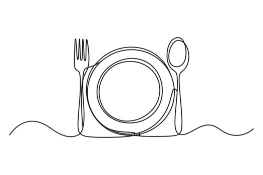 minimalista soltero línea dibujo de un plato con tenedor y cuchara Listo para un comida vector