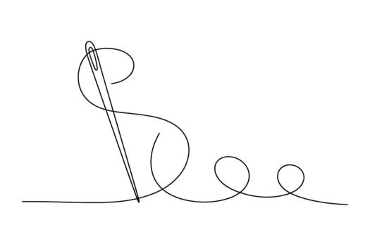 Hand drawn minimalist illustration of a sewing needle with thread creating a flowing cursive letter s shape vector