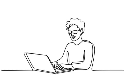 un alegre persona con lentes atentamente mecanografía en un ordenador portátil computadora representado en un minimalista continuo línea Arte estilo vector