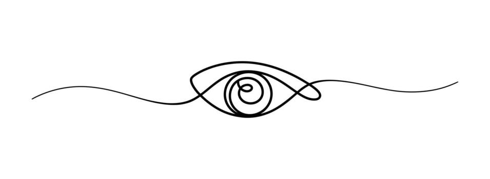 Abstract single line drawing of an eye with a swirling pupil and extended wisps on a white background vector