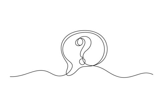 Minimalist continuous line drawing of a question mark inside a speech bubble on a wavy line vector