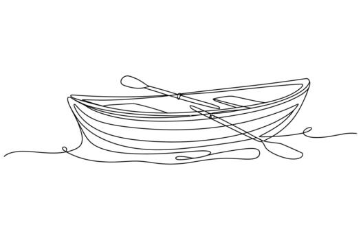 Minimalist single line drawing of a rowboat with oars resting inside floating on calm water vector