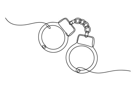Minimalist single line drawing of handcuffs symbolizing restraint and confinement in a stark white background vector