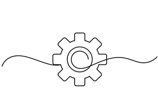 Simple line art illustration of a gear mechanism with a continuous flowing line symbolizing process vector