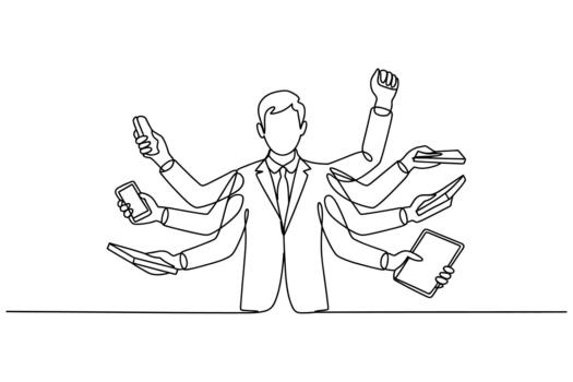 Multitasking businessman with numerous arms juggling various devices and tasks with efficiency and skill vector