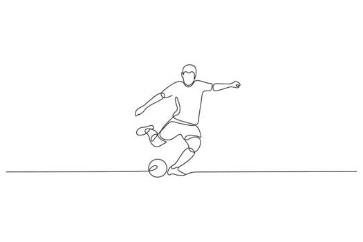 Dynamic single line drawing captures the energetic motion of a soccer player kicking a ball vector