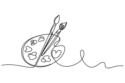 Minimalist single line drawing of an artist s paint palette with brushes and a flowing abstract line vector