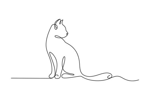 Elegant single line drawing of a cat sitting and looking upwards with a flowing tail vector