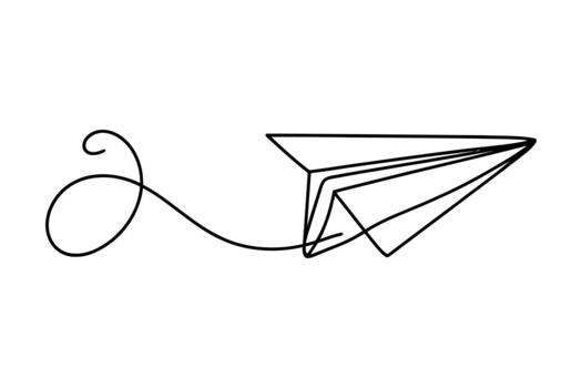 Minimalist single line drawing of a paper airplane soaring through the air with a whimsical curly tail vector