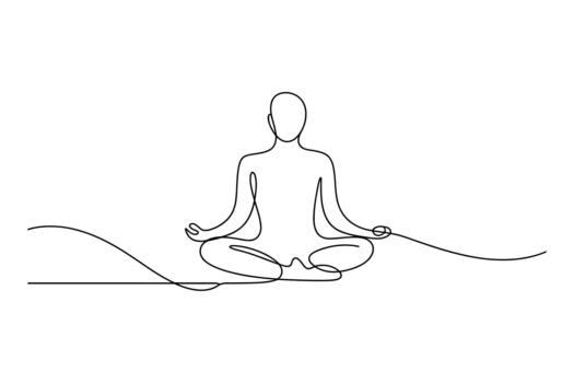 Minimalist single line drawing of a person meditating in a lotus pose with flowing lines representing calm energy vector