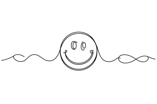 Simple continuous line drawing of a happy smiley face with abstract wavy lines extending outward vector