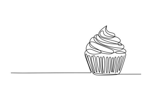 Minimalist single line drawing of a delicious cupcake with swirled frosting on a white background vector