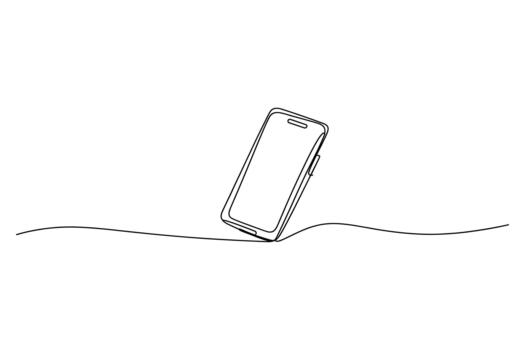 Minimalist single line drawing of a smartphone standing upright on a wavy line against a white background vector