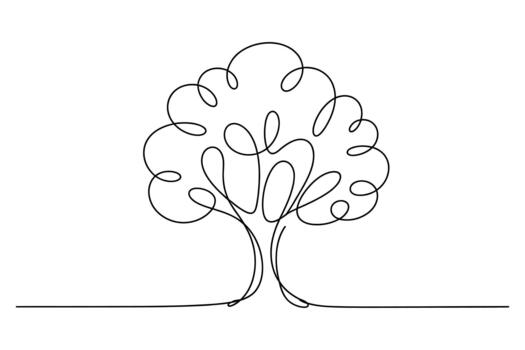 Elegant continuous line art depicting a stylized tree with a lush curly canopy on a white background vector