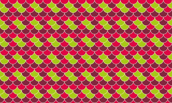 Vibrant geometric pattern featuring a repeating scale design in red and green hues. Ideal for textile prints, website backgrounds, or any project needing a bold, playful aesthetic. vector