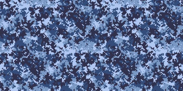 Abstract blue digital camouflage pattern. Seamless texture ideal for fashion, military, gaming, or tech designs. The fragmented, pixelated style conveys a sense of mystery and concealment. vector