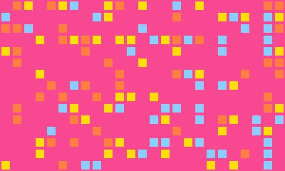 Vibrant abstract background featuring a playful scattering of small, colorful squares on a bold pink backdrop. vector