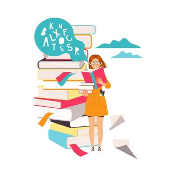 Woman Character Near Huge Stack of Books Working with Text Illustration vector