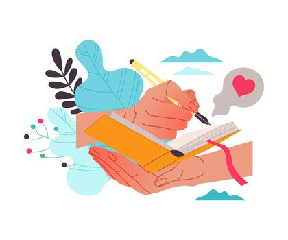 Hands with Pen Writing in Notepad as Working with Text Process Illustration vector