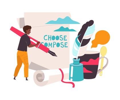 Man Character with Fountain Pen Writing on Paper Working with Text Illustration vector