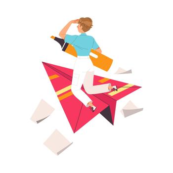 Man Character with Highlighter Flying on Paper Plane as Working with Text Illustration vector