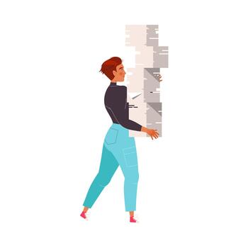 Man Character Carrying Huge Stack of Paper Working with Text Illustration vector