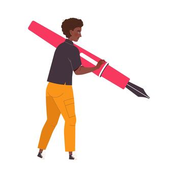 Man Character with Huge Fountain Pen Working with Text Illustration vector