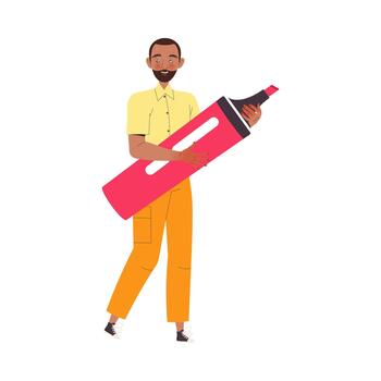 barbado hombre personaje con enorme resaltador trabajando con texto ilustración vector