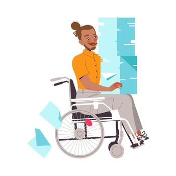 Man Character on Wheelchair with Huge Stack of Paper Working with Text Illustration vector