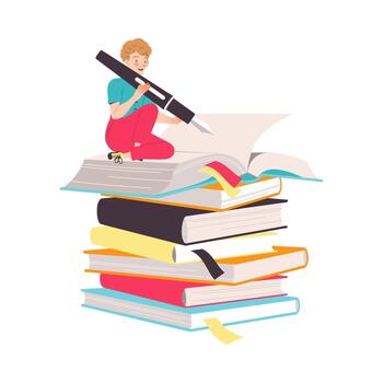 Man Character with Fountain Pen Sitting on Pile of Notepad Working with Text Illustration vector