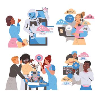 robótica programación con masculino y hembra ingeniero caracteres comprometido en artificial inteligencia desarrollo conjunto vector