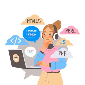Woman App Dev with Laptop Professional Developing and Coding Software Application for Mobile Device Illustration vector